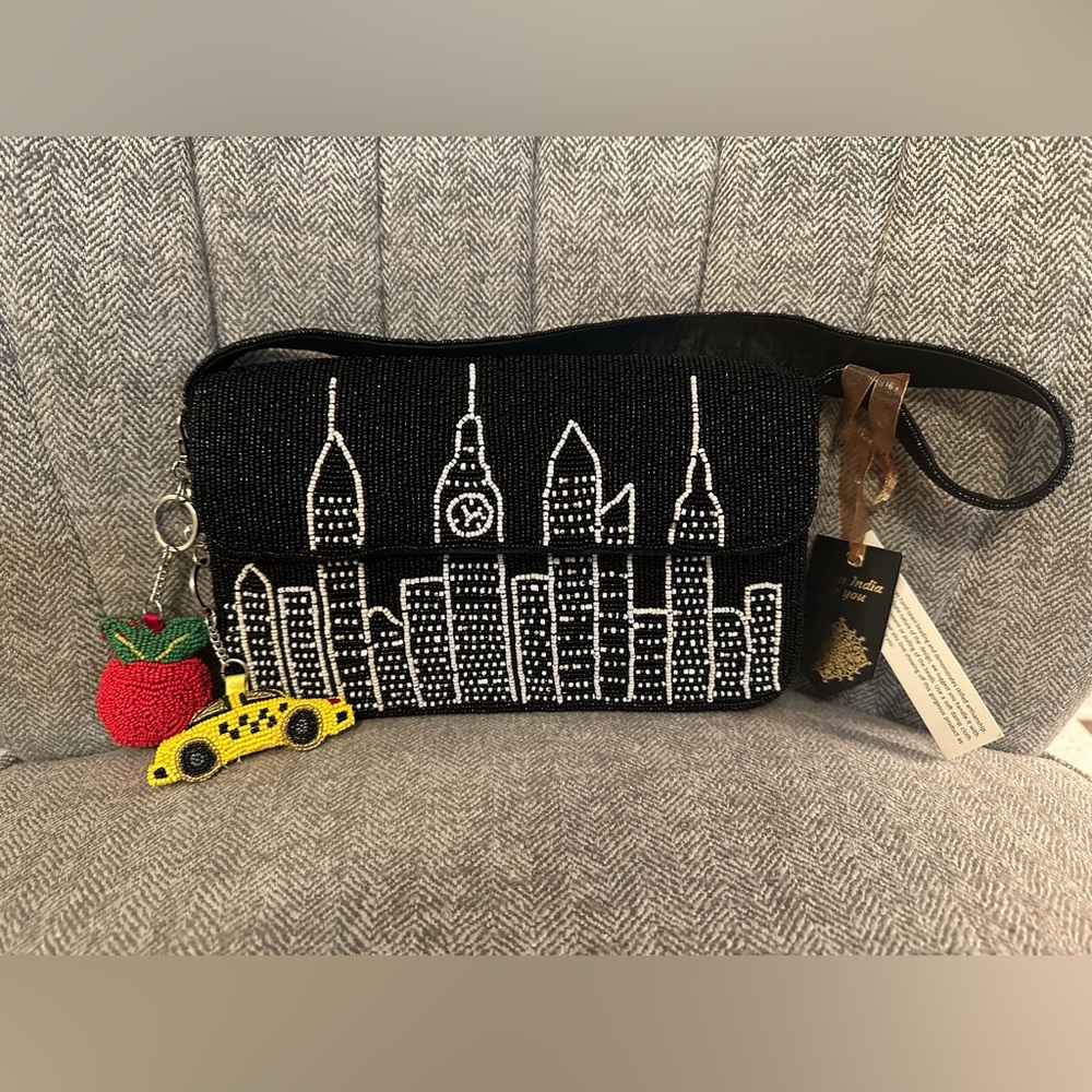 Black New York Skyline Hand Beaded Clutch Bag, Apple + Taxi Charms
